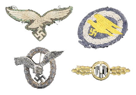 WWII GERMAN LUFTWAFFE BADGES & INSIGNIA: This very fine lot includes 1 Beautiful Pilot Observer's badge by the firm of Gebruder Schneider of Wien. The badge shows an in flight eagle grasping a Party symbol surrounded by a wreath of oak and l
