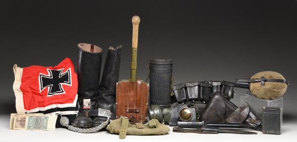 WWII GERMAN FIELD GEAR, CLOTHING, A FLAG, AND