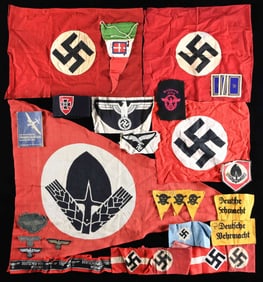 WWII GERMAN ARM BANDS, FLAGS, CLOTH INSIGNIA, AND