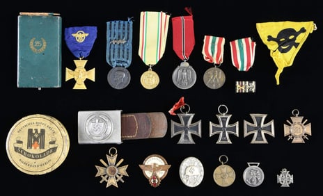 WWII GERMAN MEDALS, INSIGNIA, BELT BUCKLE, AND