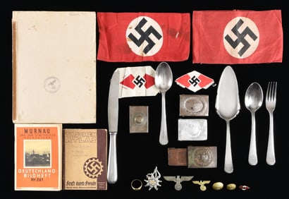 WWII GERMAN FLATWARE, BELT BUCKLES, ARMBANDS,