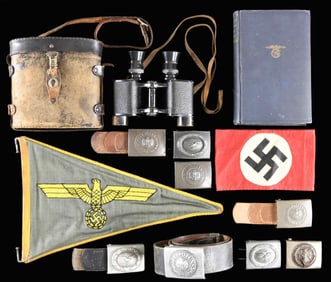 WWII GERMAN BELT BUCKLES, BOOK, PENNANT AND MORE.