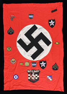 WWII GERMAN PARTY FLAG WITH AMERICAN UNIT: SIGNATURES AND INSIGNIA. This standard WWI German Party flag measures approx. 46" x 32". It has a black printed Party symbol on a sewn white circular disk, all on a red field. Several soldiers, likely
