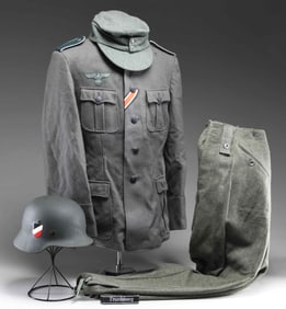 REPRODUCTION WWII GERMAN UNIFORM, HEADGEAR, AND