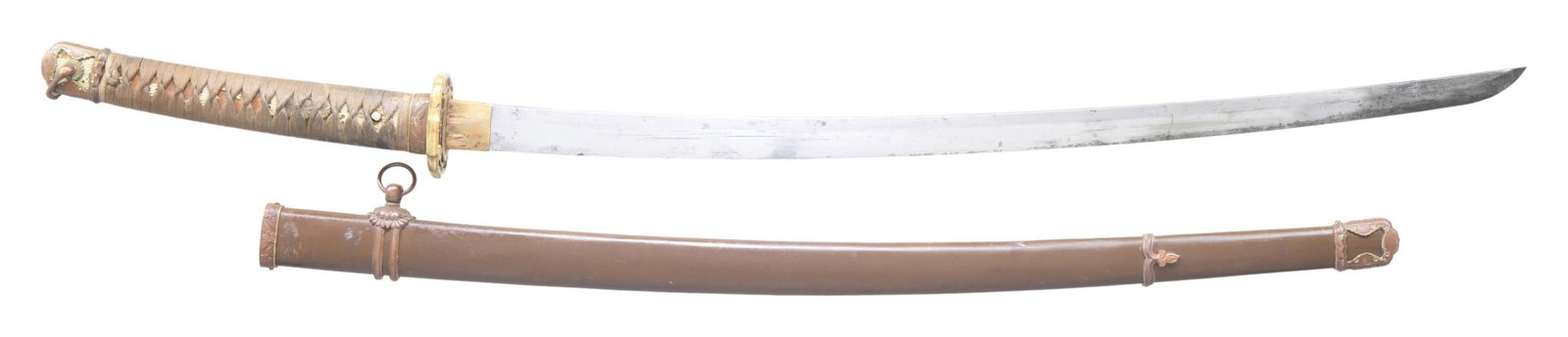 JAPANESE SHIN-GUNTO KATANA: Overall length: 39 3/4". Blade length 27 1/2". Nice heavy blade with a barely perceptible wavy hamon and a gilded brass habaki. There are 2 seppa above and below the classic 4 cherry blossom brass tsu