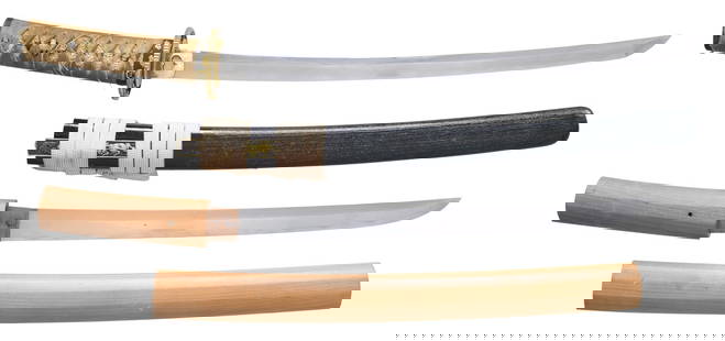2 JAPANESE WAKIZASHI: 1) Overall length 21". Blade length 14 5/8". The blade has an irregular hamon and a copper habaki with horizontal lineal decoration. The nakago has a single mekugi-ana with a 3 character signature on