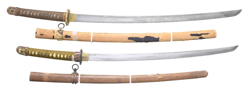2 JAPANESE SHIN-GUNTO KATANA: 1) Overall length: 37 7/8". Blade length 24 1/4". Good blade with a barely perceptible straight hamon and a brass habaki. There is 1 seppa above and below the plain openwork iron tsuba. The nakago has
