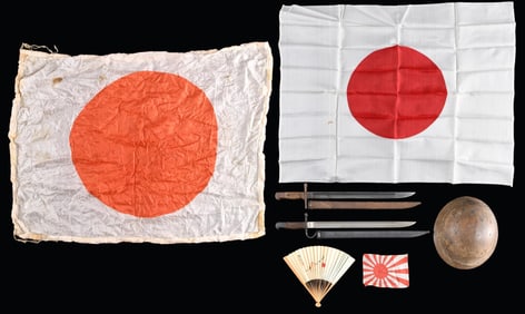 WWII JAPANESE HELMET, BAYONETS, AND FLAGS.