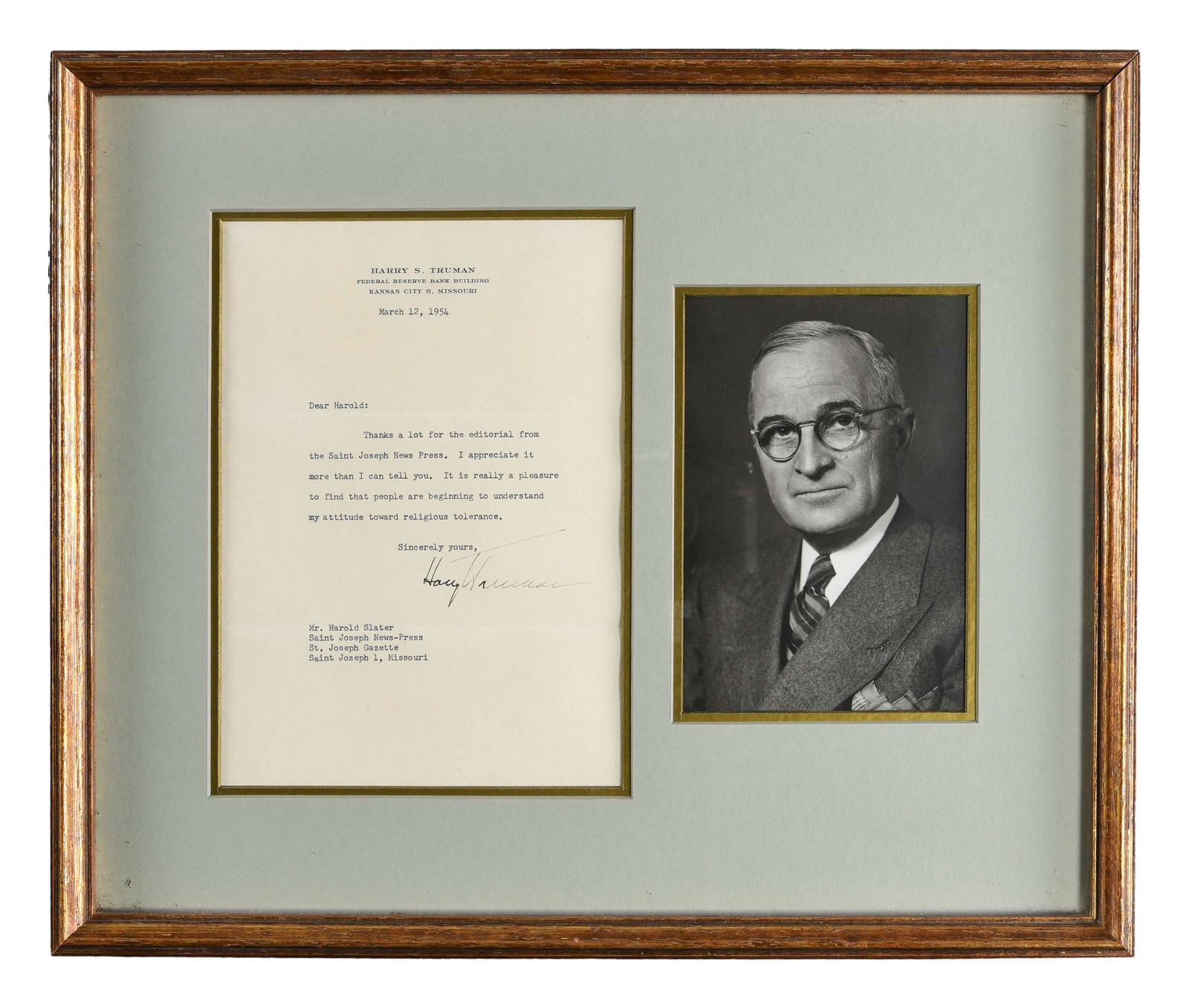 HARRY S. TRUMAN LETTER WITH PHOTO.: This is a fine ALS from President Harry S. Truman to the St. Joseph News-Press of Missouri expressing thanks from the President to the newspaper for a favorable editorial. The letter is dated March 12