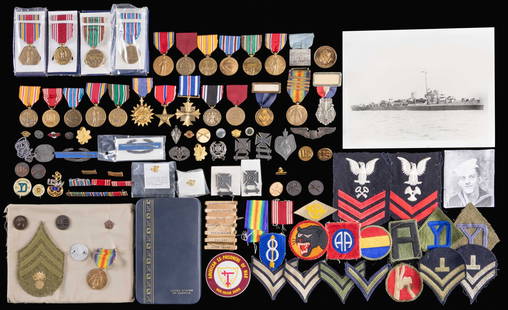 US MILITARY MEDALS, PATCHES, INSIGNIA, AND RELATED: ITEMS. This varied lot includes 1 / Group of 10 US medals and a CIB collected by David G. Gould. 1 / group containing a WWI Yankee Division patch, Victory Medal with 4 bars, 2 collar disks, 2 veteran
