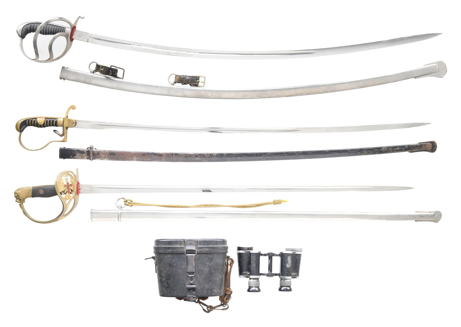 3 FOREIGN SWORDS AND BINOCULARS: This lot includes 1 / Imperial German officer's sword measuring 41 1/4' over all with a plain 35 1/2' blade marked "ADOLF BRAUN BERLIN". Plain gilded brass hilt with wire wrapped black composite grip 