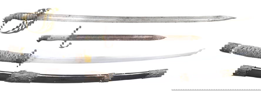 FOREIGN EDGED WEAPONS.: 1) SWORD. This Chinese copy of a Japanese katana measures 44 1/2" overall with a 28" plain blade. The blade has visible folding lines but no discernable temper line. Plated iron guard and ferrule with