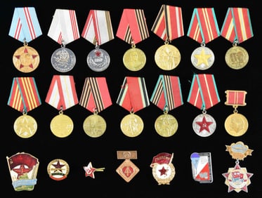 21 RUSSIAN & SOVIET BLOCK MEDALS & PINS.