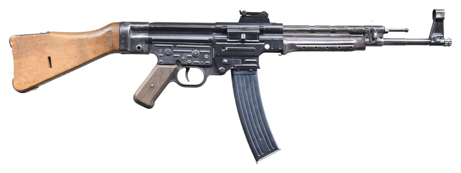 GERMAN MP44 PARTS ON SEMI-SOLID DISPLAY RECEIVER.: A semi-solid MP44 display receiver currently wearing a few very desirable MP44 parts including a pistol grip frame & fire control group, w/ wood grips. Bears serial number 5823m and marked w/ German p
