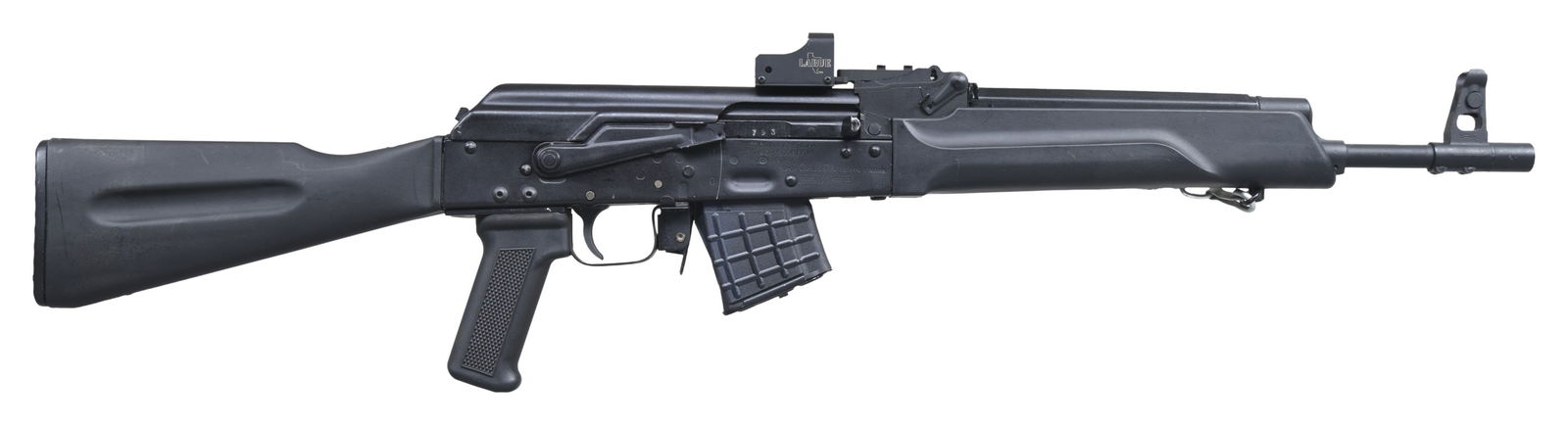 IZHMASH SAIGA 7.62X39 SEMI AUTO RIFLE.: Cal. 7.62x39. S# H06100753. Bbl. 16 1/4". Post front sight with protective ears. LaRue red dot sight that is not turning on & may require attention. Izhmash Saiga rifle imported by Russian American Ar