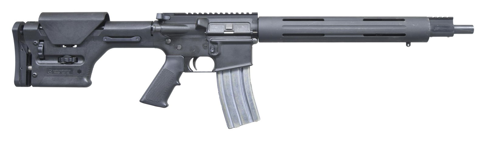 DPMS A15 SEMI AUTO RIFLE.: Cal. 223 Rem. S# 13864. Bbl. 16" bull profile. Rifle is devoid of sights but upper has full length picatinny rail & JP gas block has short picatinny rail. Black anodized finish with lower having refin