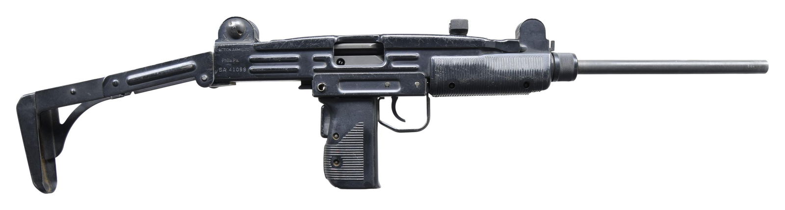 ORIGINAL IMI / ACTION ARMS UZI MODEL B CARBINE.: Cal. 9mm. S# SA41099. Bbl. 16". Mfg. Action Arms Ltd. / IMI. UZI model B semi automatic carbine. A closed bolt semi automatic version of the world-famous SMG. Fitted w/ factory collapsible stock, almo