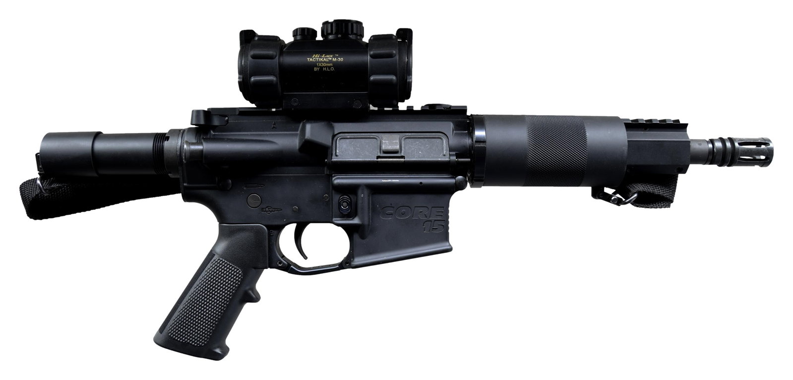 GOOD TIME OUTDOORS CORE 15 SEMI AUTO PISTOL.: Cal. 7.69x39. S# GTOC031723. Bbl. 8.5" include bird cage flash hider; 1:10" twist. Gas block has accessory rail. Alloy round handguard with checkering in center & sling stud on bottom. M4 marked upper