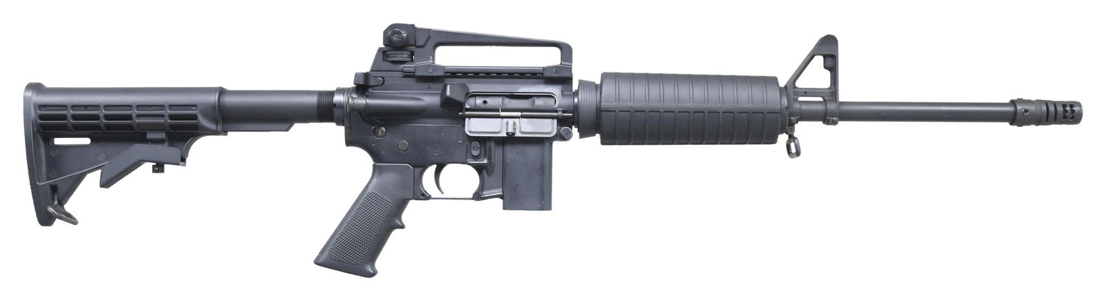 45ACP SUPERIOR ARMS MODEL S-15 CARBINE.: Cal. 45ACP. S# BAZ0108. Bbl. 17.5" over muzzle brake. A 45ACP, blowback operated, Pistol Caliber Carbine (PCC) designed to utilize what appear to be modified grease gun mags. Protected post front sigh