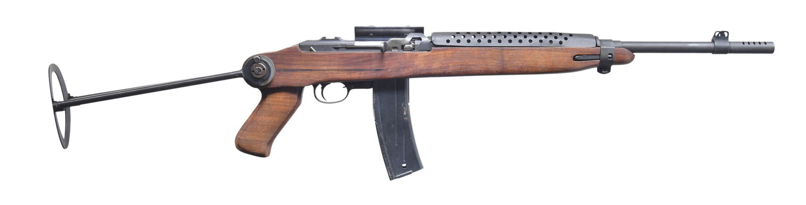 UNIVERSAL M1 SEMI-AUTO CARBINE WITH FOLDING STOCK.: Cal. 30 Carbine. S# 464571. Bbl. 18" including top slotted muzzle break. Under-folding stock w/ integral walnut pistol grip. Ventilated metal handguard. Aperture rear sight is not present. Blade front