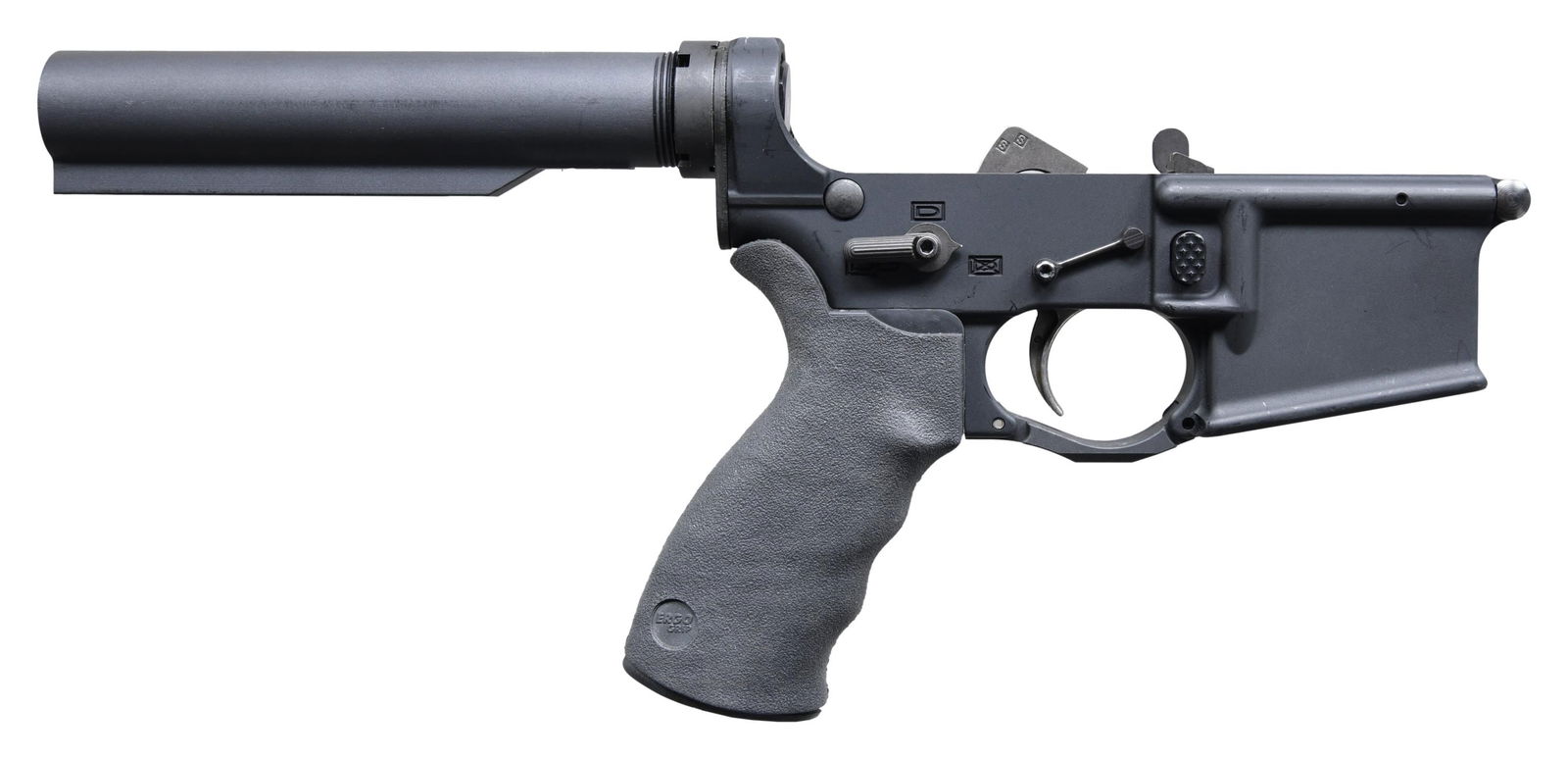 SPIKES TACTICAL ST15 COMPLETE LOWER RECEIVER.: Cal. Multi Marked. S# PD009397. Spikes Tactical Model ST15 Lower Receiver. Spikes Tactical 6 position collapsible stock buffer tube & T2 buffer. Spikes enlarged trigger guard. Ergo pistol grip w/ bott