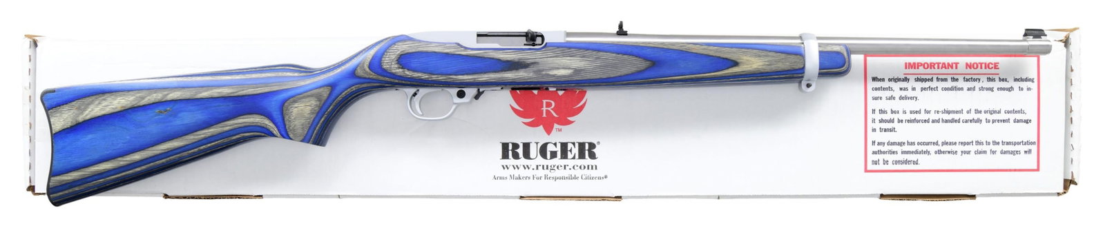 RUGER STAINLES MODEL 10/22 SEMI-AUTO CARBINE.: Cal. 22 LR. S# 351-77239. Bbl. 18 1/2" with banded blued brass bead front sight and blued folding leaf rear. Mfg. 2008 (1964 to date) with sharp looking blue and grey laminated carbine stock having al