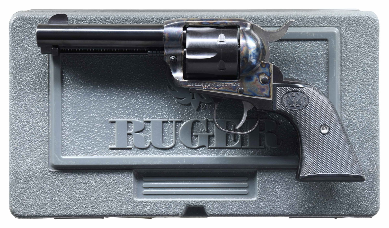 RUGER NEW VAQUERO SINGLE ACTION REVOLVER.: Cal. 357 Mag. S# 510-18105. Bbl. 4.62" with blade sight and "warning marks" discretely on bottom; frame notched rear sight. Mfg. 2006 (2005 to date) as Model 05107 (NV-34) having blued finish and case