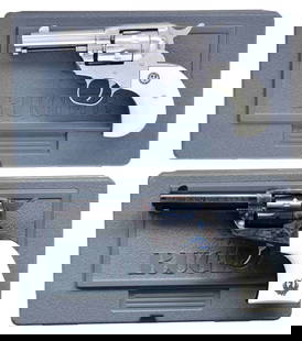 2 RUGER NEW MODEL SINGLE-SIX SA REVOLVERS WITH: MATCHING FACTORY BOXES. 1) CONVERTIBLE. Cal. 22 LR / 22 Mag. S# 268-58064. Mfg. 2011 as Model 00669 Catalog & No. GKNRBH-3F-I This Ruger New Model Single Six Bisley features a stainless steel finish w