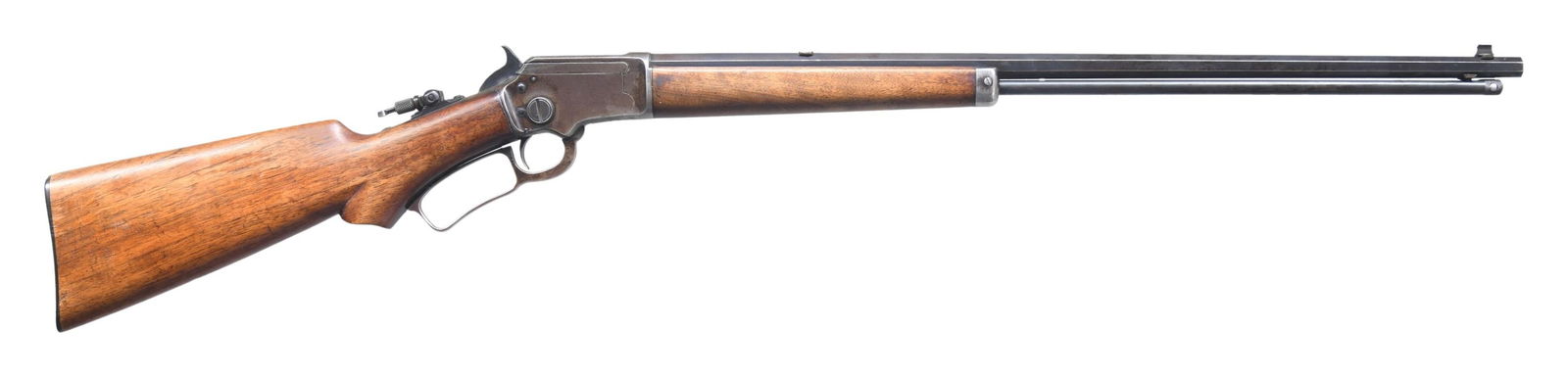 MARLIN FIREARMS CORP. MODEL 39 LEVER ACTION RIFLE.: Cal. 22 S, L, LR. S# 6490. Mfg. between 1922-1938. Oct. 24" bbl. Full length tubular mag. Replacement white bead front sight, filler in rear dovetail & Lyman tang peep sight. Takedown action. Walnut s