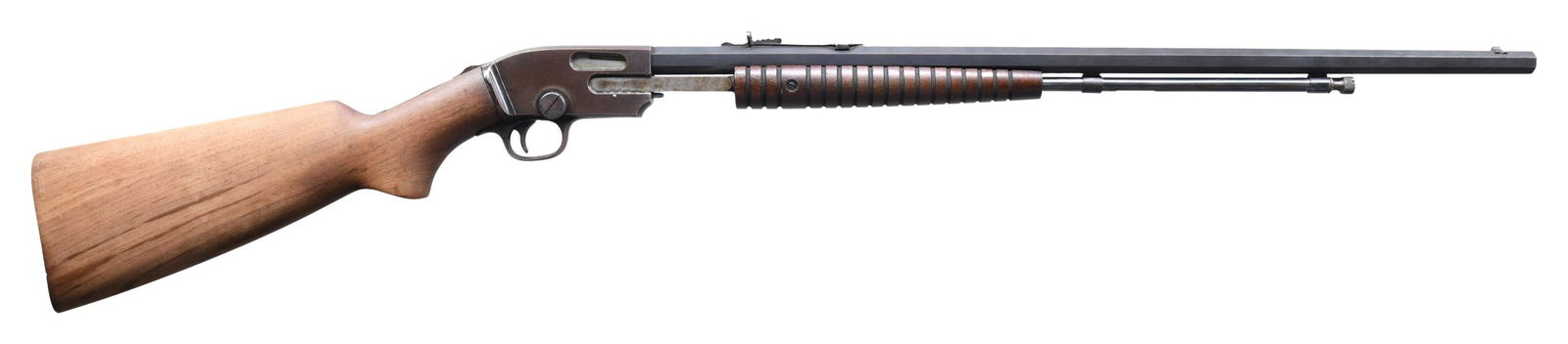 SAVAGE MODEL 1914 SLIDE ACTION RIFLE.: Cal. 22 S, L, LR. S# 34226. Bbl. 24". Model 1914 slide action rifle mfg. by Savage Arms Corp. The top flat of the octagonal bbl. is marked with Savage's mfg. and patent information, with the model and