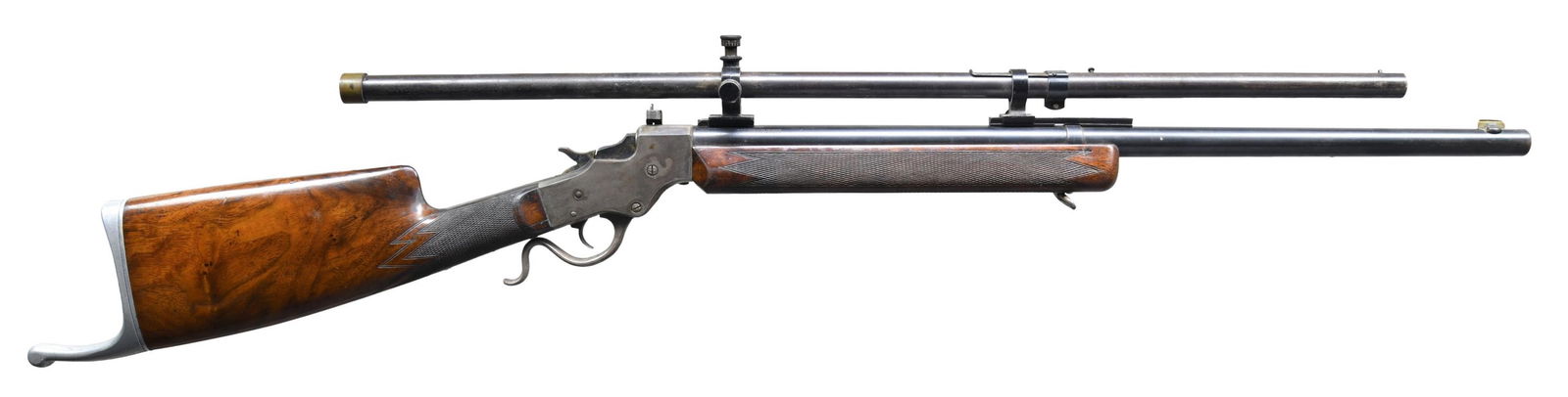 CUSTOM STEVENS NO. 414 FALLING BLOCK RIFLE.: Cal. 22 LR. S# 75226. Bbl. 25.5". Brass blade front sight & receiver sight along with drilled & tapped Unertl style scope bases; front base is modified for barrel band. J. Stevens No. 101, 30", crossh