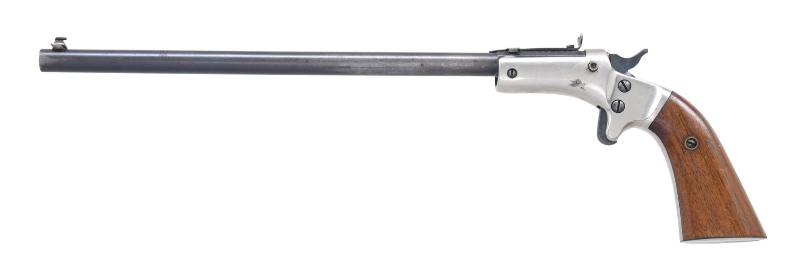 STEVENS DIAMOND NO.43 2ND ISSUE SINGLE SHOT PISTOL: Cal. 22 S,L,LR. S# 34115. Bbl. 10" round w/ octagon shank. Bead front sight w/ adj. V notch rear sight. Nickel finished frame. 2 piece walnut grips. Estimated total of 70,000 mfg. 1896-1916. CONDITION