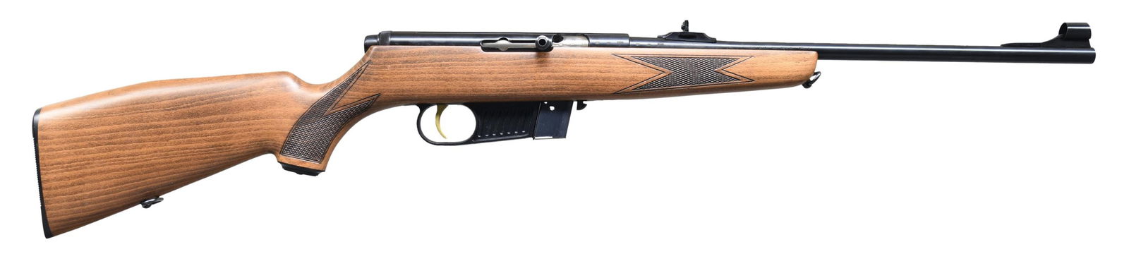 VOERE MODEL 2115 SEMI-AUTOMATIC RIFLE.: Cal. 22 LR. S# 339879. Bbl. 18" rnd. Hooded ramp blade front sight with island mounted square notch rear sight. Bbl. is marked "VOERE KUFSTEIN AUSTRIA". Left side has Jaeger Sports LTD. import marking