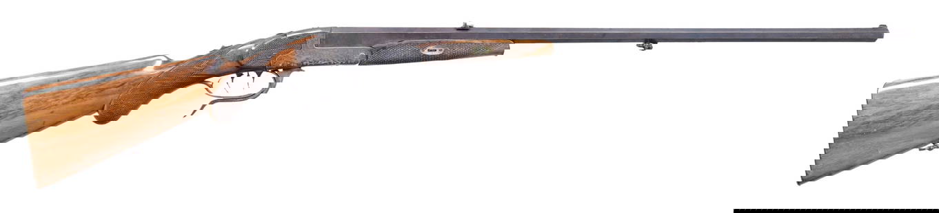 GERMAN TIP DOWN STALKING RIFLE BY ROBERT SCHADT.: Cal. 9x72R. NSN. Bbl. 26" oct. w/ maker's name & address on matted top flat. Bbls. mounted w/ 1 standing 1 folding leaf rear sight & silver bead front. Rounded box lock underlever action features tang