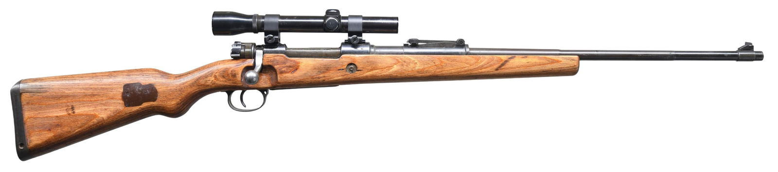SPORTERIZED MAUSER MODEL 98 BOLT ACTION RIFLE.: Cal. 8MM Mauser. S# 70828Z. Bbl. 23.6" stepped military barrel marked "859" with eagle 135 proof. Standard inverted V front sight and tangent rear. WaA156 proofed receiver drilled and tapped on left s