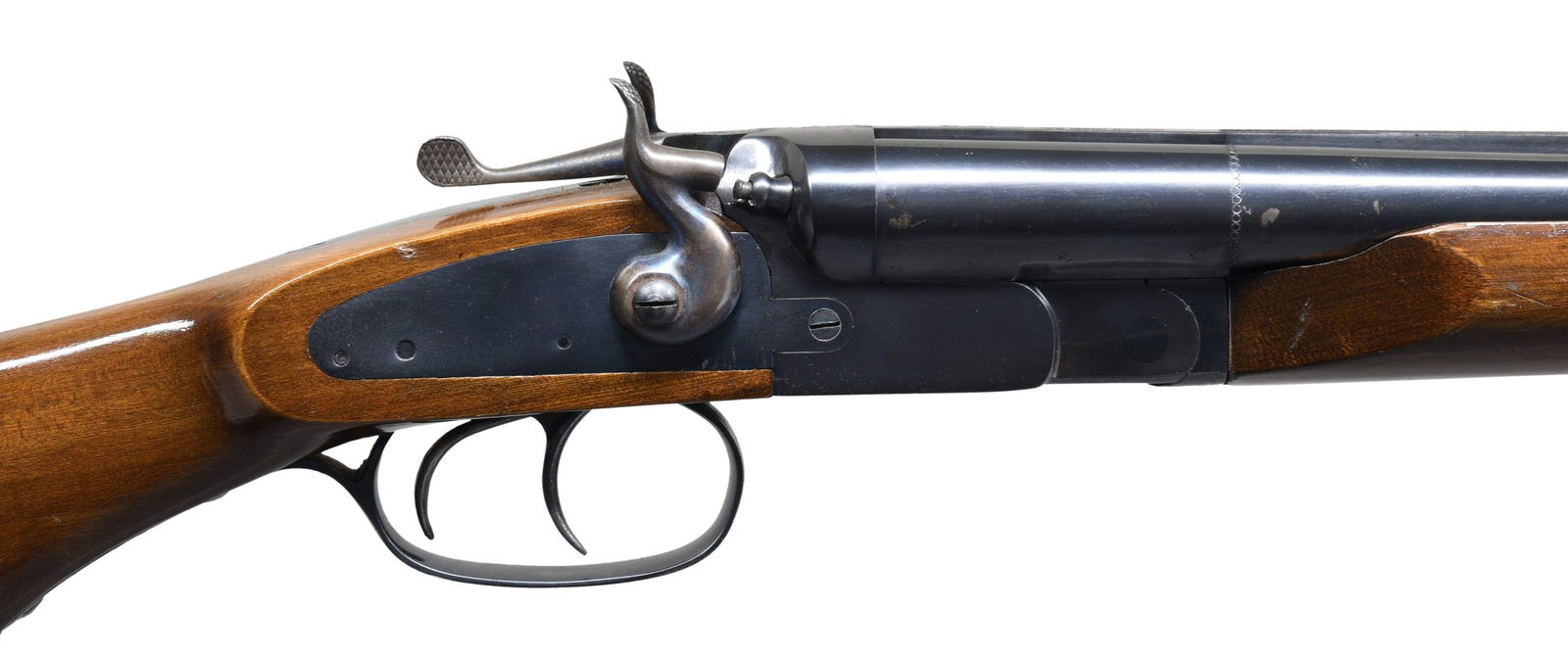 ROSSI "THE OVERLAND" SXS COACH GUN.: Cal. 20 Ga., 3". S# S16687. Bbls. 20" w/ brass bead. Full & Mod chokes. Blued finish. Exposed hammer action w/ dbl. triggers & extractors. Hardwood stock set. CONDITION: good overall with handling mar