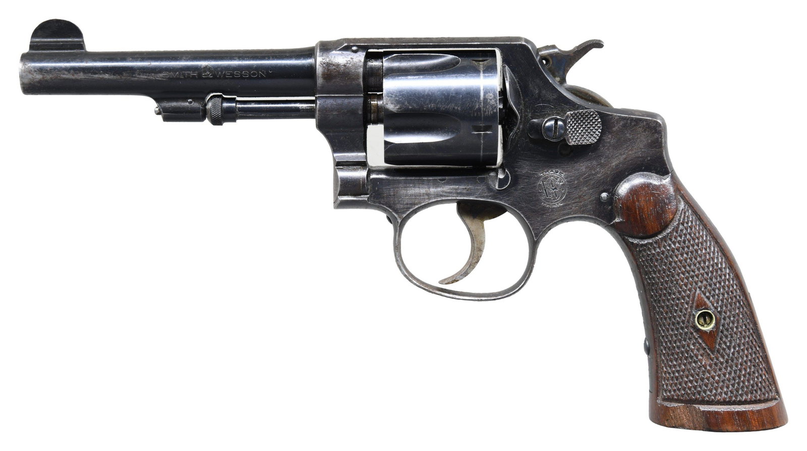 PREWAR SMITH & WESSON REGULATION POLICE DA: REVOLVER. Cal. 38 S&W. S# 25423. Bbl. 4". Round blade front sight. Fixed rear sight. Matching numbers on frame, bbl., cyl. & extractor. Blued finish with case colored hammer & trigger. Checkered walnu