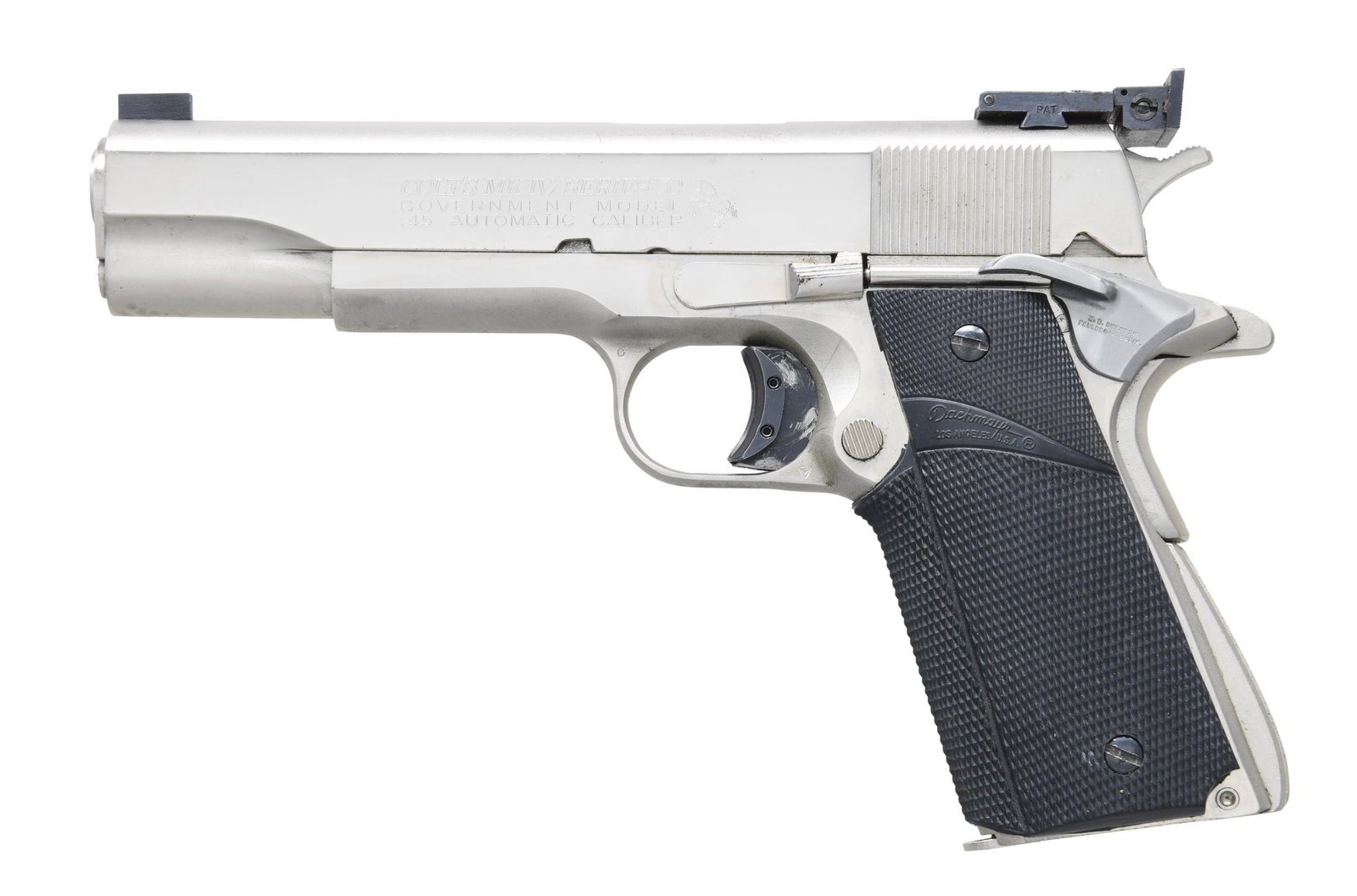 COLT NICKEL SERIES 70 CUSTOM GOVERNMENT MODEL: SEMI-AUTO PISTOL. Cal. 45 ACP. S# 70B08517. Bbl. 5" throated Series 70 with finger bushing as indicated by "B" in serial number. Mfg. 1981 (1970-1983) with nickel finish; factory grooved arched mainsp