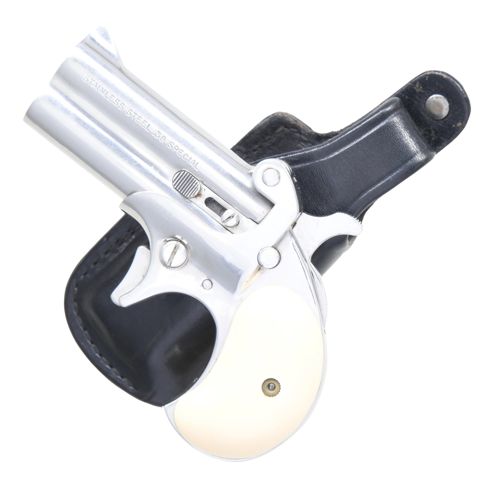 AMERICAN FIREARMS 38 SPECIAL O/U DERRINGER.: Cal. 38 Spl. S# 23265. Approx. 3,000-4,000 mfg. in San Antonio, TX 1972-1974. Bbls. 3". Fixed sights. Nickel finish. White synthetic grips. UNATTACHED ACCESSORIES: Bianchi black leather belt clip hols