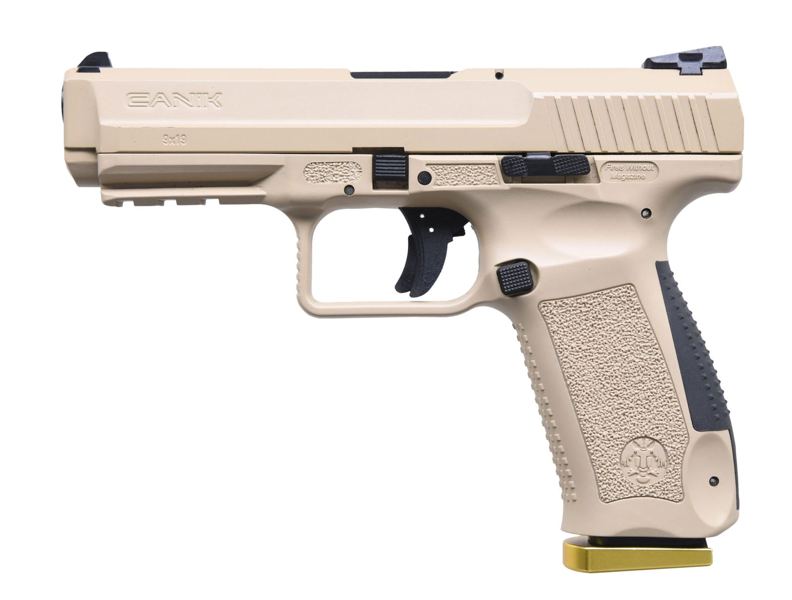 DESERT TAN CANIK TP9SF PISTOL.: Cal. 9mm. S# T6472-16AT15067. Bbl. 4.5". Desert tan, striker-fired, polymer-frame pistol. Serrated slide. Three-dot sights. Left side controls. Short Picatinny rail section below barrel for accessory