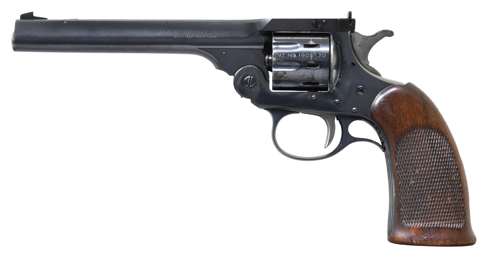 SCARCE SPECIAL ORDER H&R SPORTSMAN SA REVOLVER.: Cal. 22 LR. S# S3706. Bbl. 6". Patridge front sight. Adjustable square notch rear sight. Early H&R Sportsman with special order features such as the seldom-encountered No.1 grip style & grooved front 