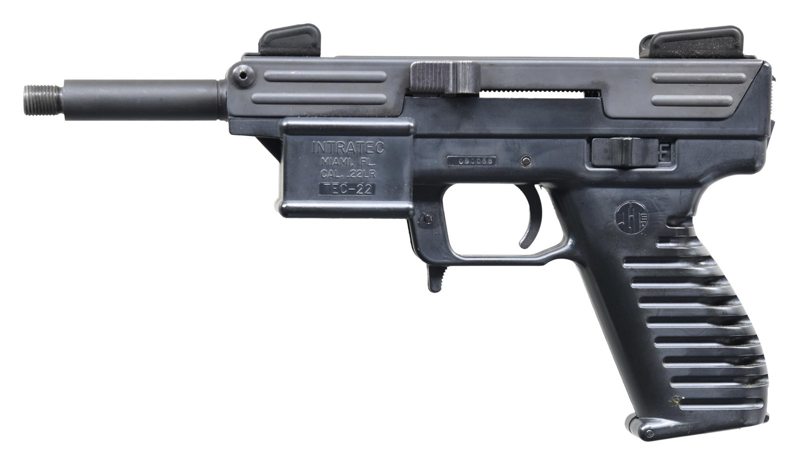 INTRATEC TEC-22T "SCORPION" SEMI AUTO PISTOL.: Cal. 22 LR. S# 090068. Mfg. 1991-1994 in Miami, FL. Designed to utilize Ruger 10/22 rotary mags. Threaded 4" bbl. Post front sight painted red with protective ears. Adjustable square-notch rear sight.