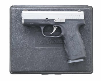 KAHR KP45 SEMI AUTO PISTOL WITH MATCHING BOX.