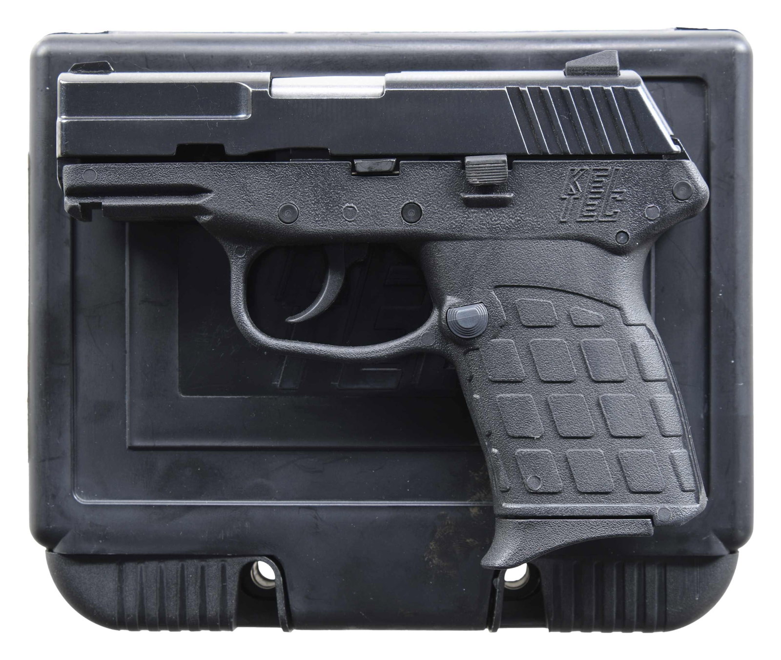 KEL TEC PF-9 SEMI AUTO PISTOL.: Cal. 9x19. S# RW254. Bbl. 3 1/8". Three dot sights. Blued slide. Black polymer frame with accessory rail. MAGS: 3-7 rd. all marked on spine in white marker identifying what model they are for. UNATTAC