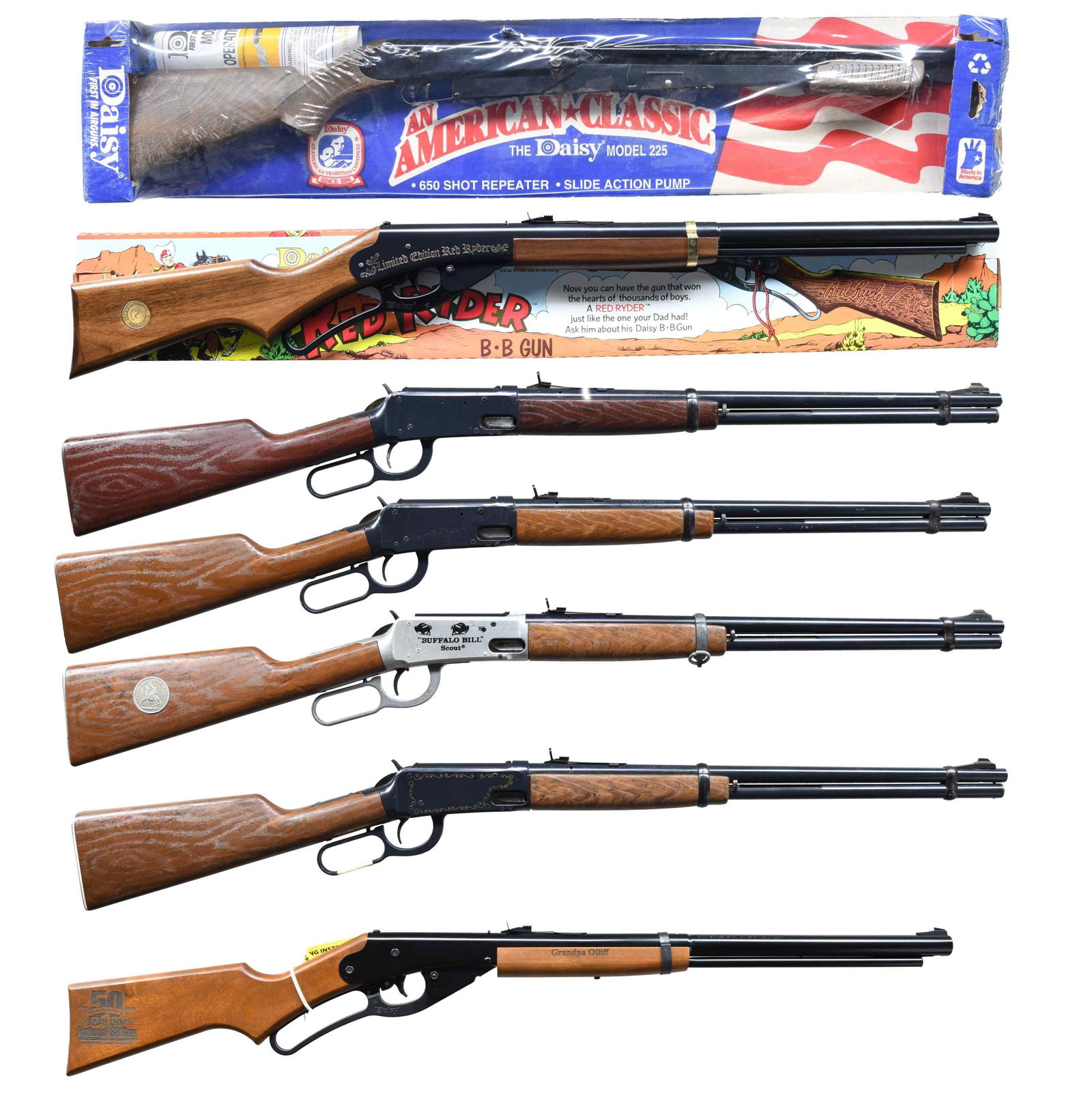 GROUPING OF 7 DAISY REPEATING AIR RIFLES.: MODEL 1894 WESTERN CARBINES. (1-4.) ALL: Cal. 177 BB. NSN Bbl. 20". 40 shot lever action repeater. Tubular mag. loads on right side of receiver. Wood grained plastic stocks. Standard model as produced