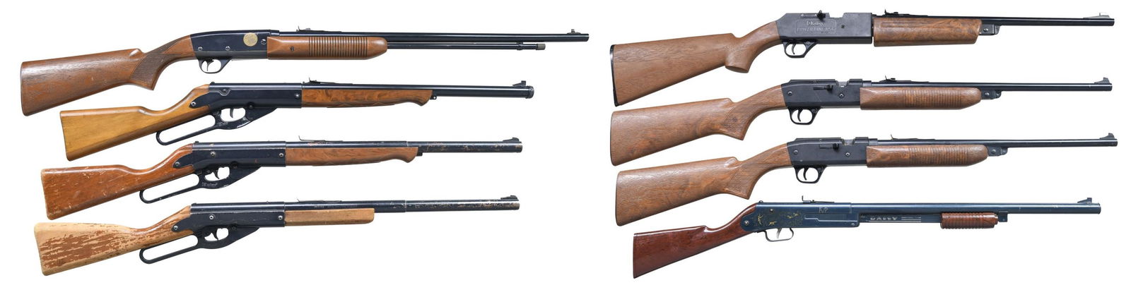 GROUPING OF 8 DAISY AIR RIFLES.: ALL: Cal. BB. (1.) Daisy Model 95 lever action repeater. 700 shot mag loading into bbl. Black painted finish. Wood grained plastic forearm W/ wood stock. Mfg. 1962-1976. CONDITON. over 95% finish show