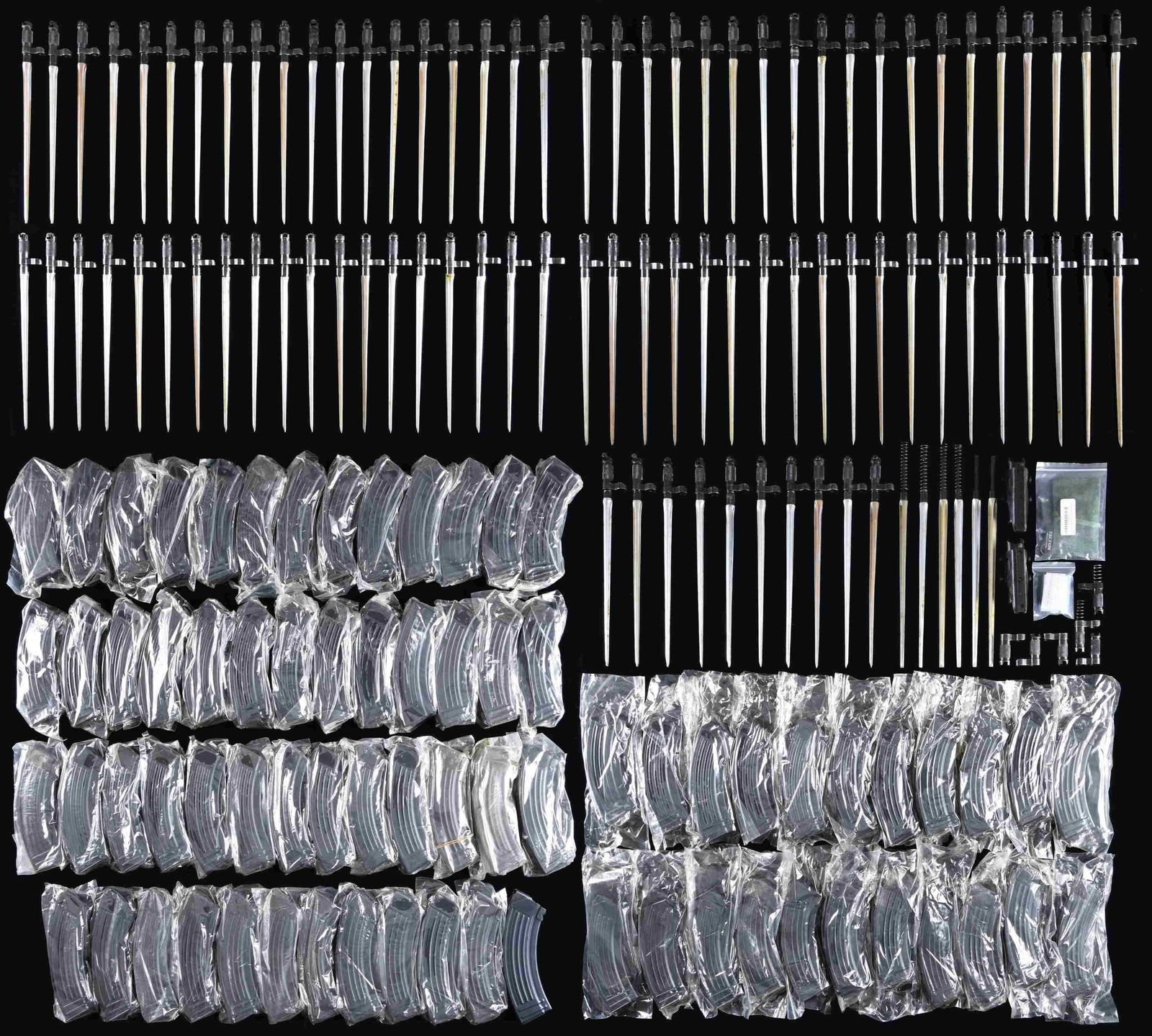 LARGE LOT OF AK 7.62X39MM MAGAZINES, SKS SPIKE: BAYONETS, & ACESSORIES. Large lot of AK mags., SKS bayonets, and accessories, including: 1) 73 unmarked steel AK 7.62x39mm 30-rd. mags. 2) approx. 91 (likely Chinese) SKS spike bayonets. Some bayonets