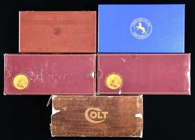 LOT OF 4 COLT REVOLVER BOXES, WITH 1 COLT WOOD