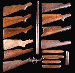 LOT OF ASSORTED WOOD FURNITURE FOR VARIOUS: WNCHESTER PRE-64 RIFLES. Lot consists of: (1.) Model 1886 rifle buttstock of nicely grained walnut with original crescent steel trapdoor buttplate. CONDITION: sound, age darkened worn appearance with