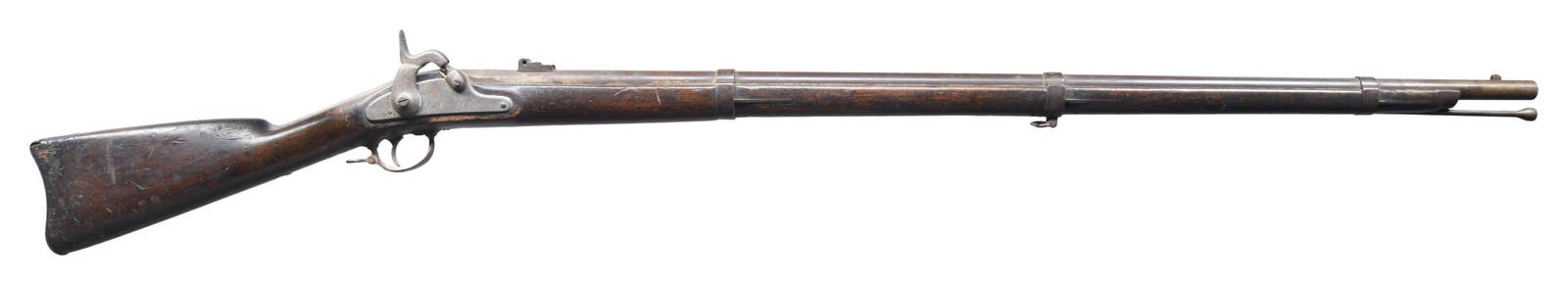 U. S. SPRINGFIELD MODEL 1861 PERCUSSION RIFLE.: Cal. 58. NSN. Bbl. 40" round w/ rifled bore. Fixed front sight with a folding leaf rear sight. "1861" dated Springfield lock. 3-band walnut stock with iron fittings. Tulip tipped iron ramrod. Total of